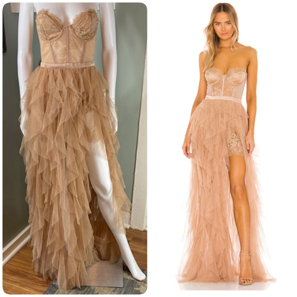For Love And Lemons X Revolve Bustier Strapless Taupe Ruffle Tulle Gown Dress S